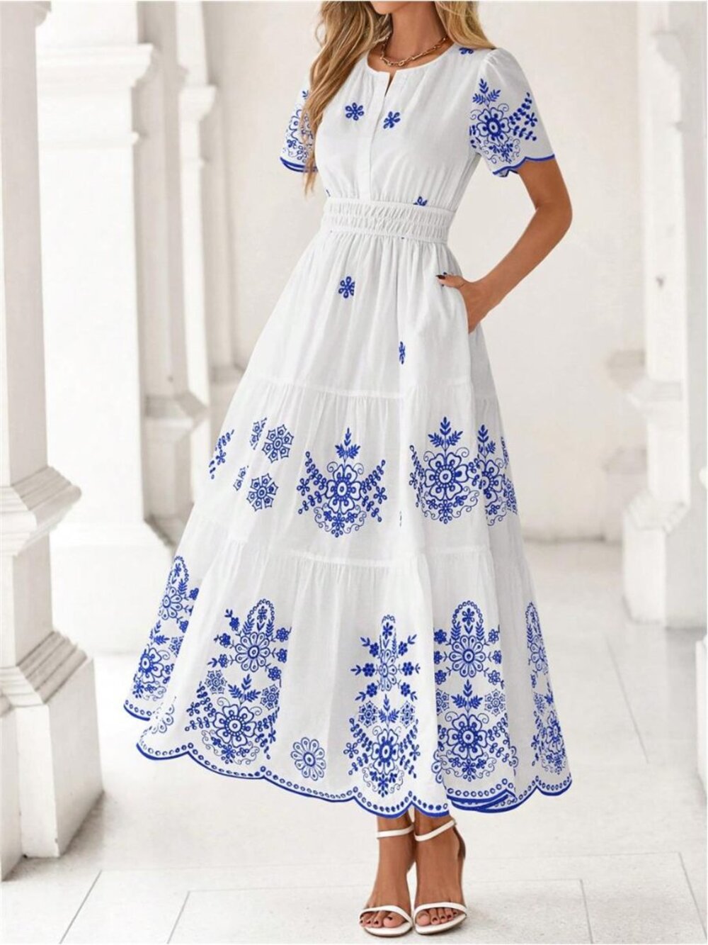 NEW - Blue & White Boho Embroidered Maxi Dress with Pockets - Picture 4 of 7